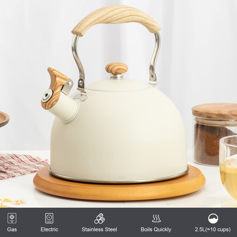 TEDSWAIT 2.6 Quart/2.5 L Whistling Tea Kettles With Wood Grain Adjustment Nylon Handle  Capsule Base Tea Kettle  White (White) - Image 2