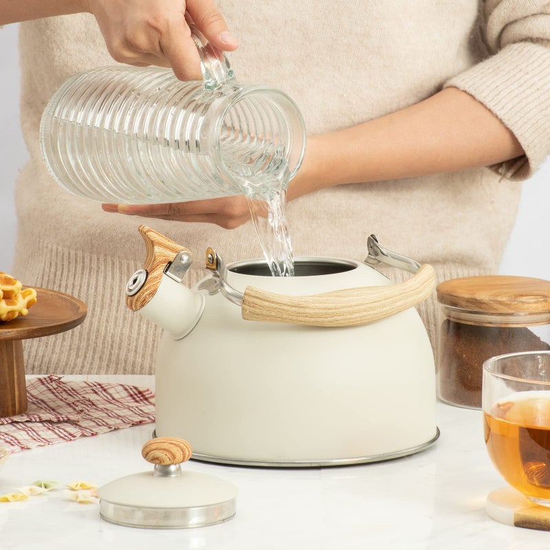 TEDSWAIT 2.6 Quart/2.5 L Whistling Tea Kettles With Wood Grain Adjustment Nylon Handle  Capsule Base Tea Kettle  White (White) - Image 3