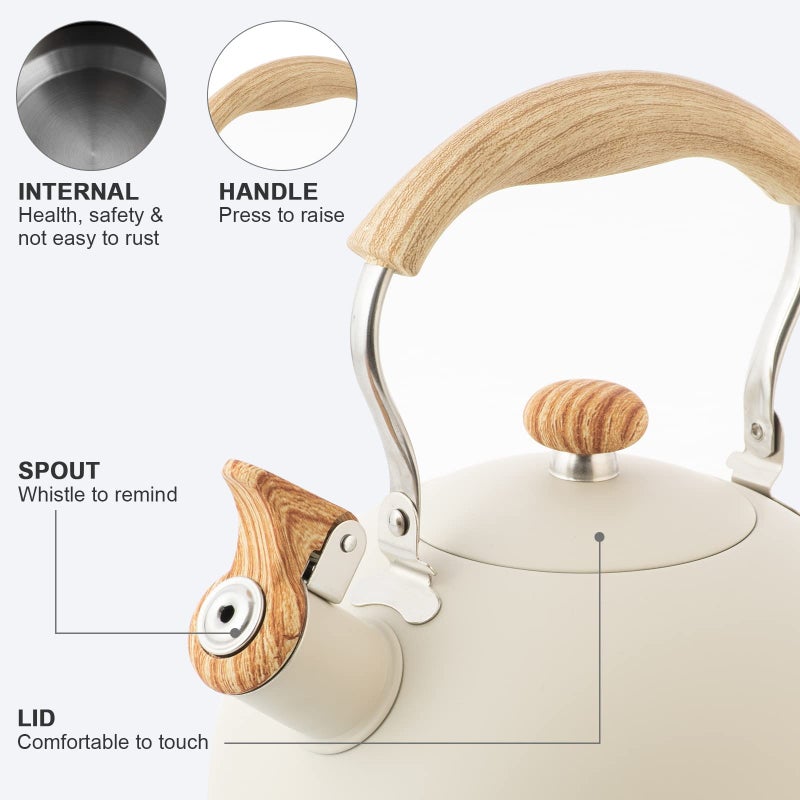 TEDSWAIT 2.6 Quart/2.5 L Whistling Tea Kettles With Wood Grain Adjustment Nylon Handle  Capsule Base Tea Kettle  White (White) - Image 5