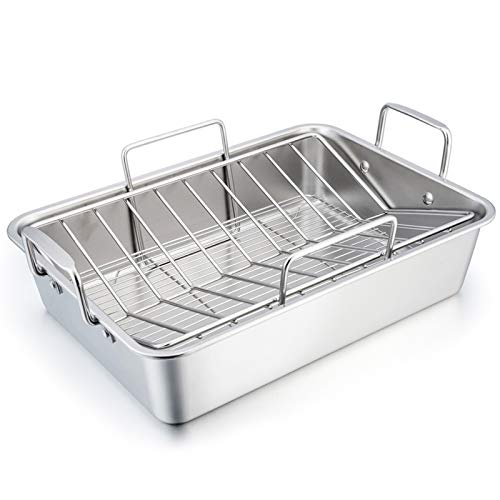 TeamFar Roasting Pan 16 Inch Large Turkey Roaster Lasagna Pan with V Rack  Cooling Rack Set Stainless Steel For Thanksgiving Christmas Healthy  Heavy Duty Deep Side  Dishwasher Safe  3 PCS