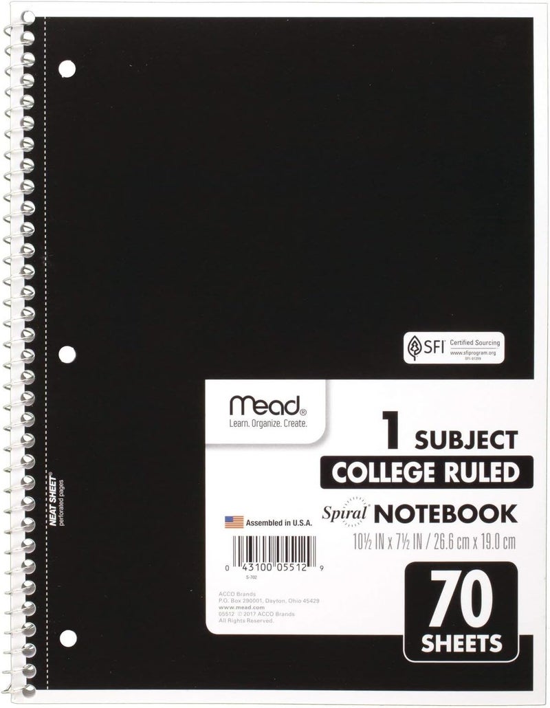 Mead Spiral Notebooks, 1 Subject, College Ruled, 70 Sheets, Assorted Colors, Color Selected For You May Vary, 1 Count (05512) - Image 1