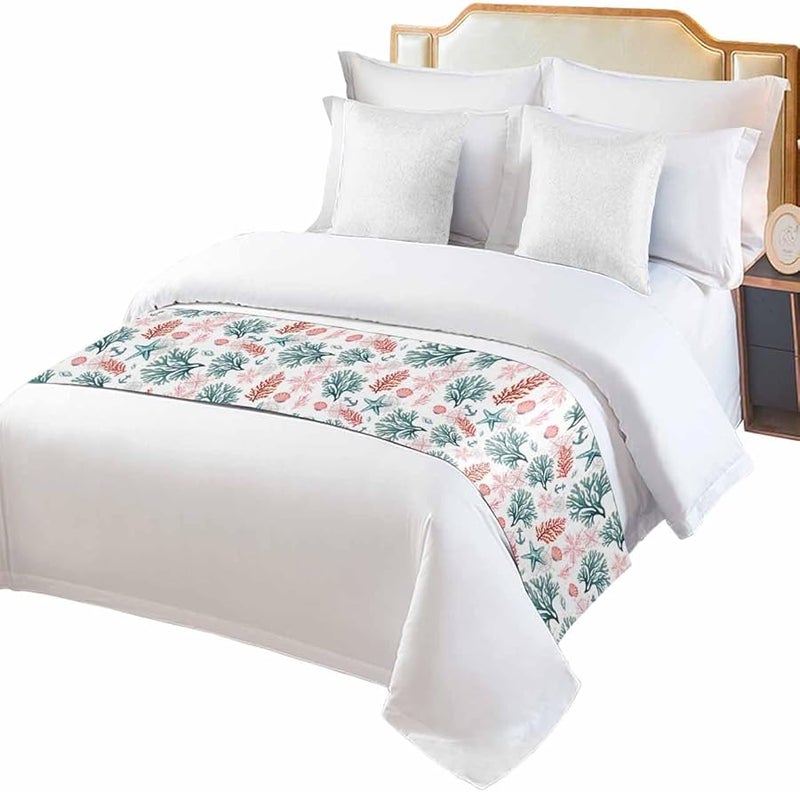 Turquoise Red Coastal King Size Bed Runner 94x20 Inches Ocean Coral Starfish Design - Image 1