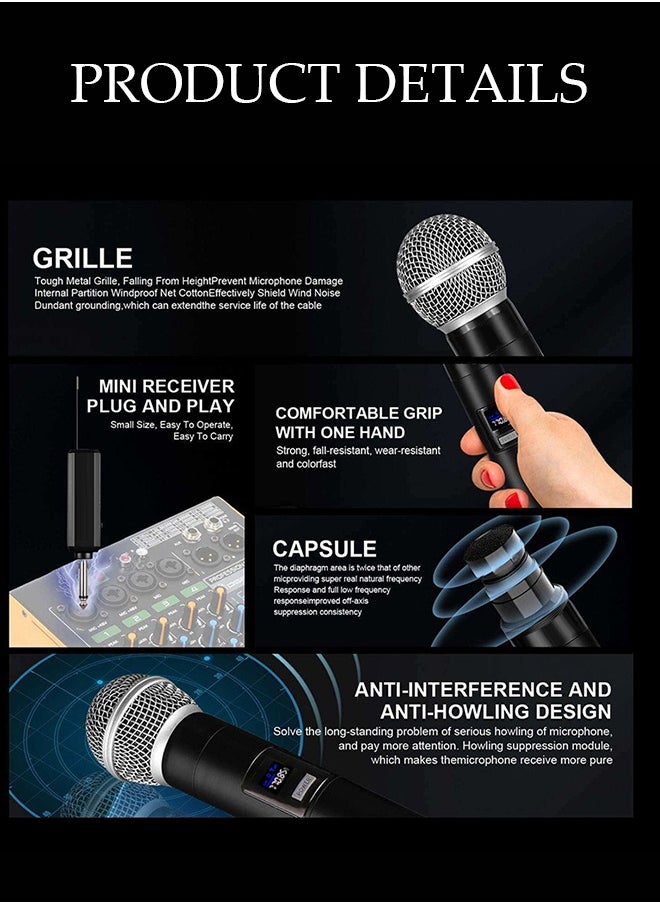 DUNISO 2Pcs Wireless Microphone，1 to 2 Microphones，Hand Microphone，Rechargeable Microphone，Professional Cordless Microphone，Used for Karaoke Nights and Family Gatherings DJ、 Meeting，Black  - Image 5