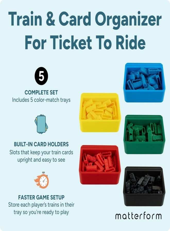 matterform Ticket to Ride Player Organizer Trays | Set of 5 Train Storage Bins with Card Holders | Player Stations Compatible with Ticket to Ride Board Game | Color-Matched Train Holders that Store in Game Box - Image 2