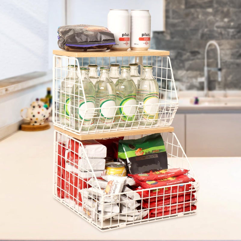 Mefirt White Fruit Bowl 2Tier Fruit Basket for Kitchen Counter Stackable Wall Mounted Veggie Storage Snack Organizer Potato and Onion Storage Basket Hanging Pantry Organizer with Wood Lid 2 Set