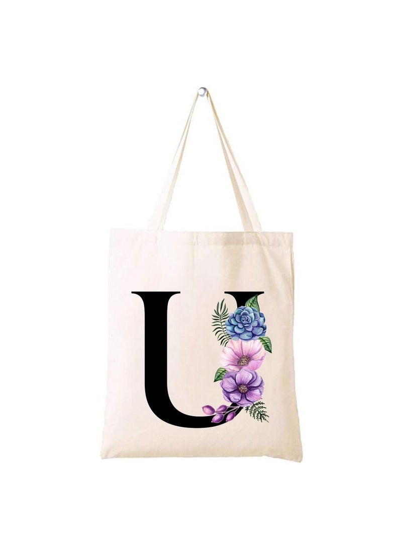 برينت شوب فور مي حقيبة يد قطنية قماشية صديقة للبيئة بتصميم أزهار على حقائب وصيفات العروس مطبوعة بأحرف أولية للنساء - حقيبة تسوق قابلة لإعادة الاستخدام ، فكرة هدية للحفلات وحقيبة هدايا قطنية - Image 1