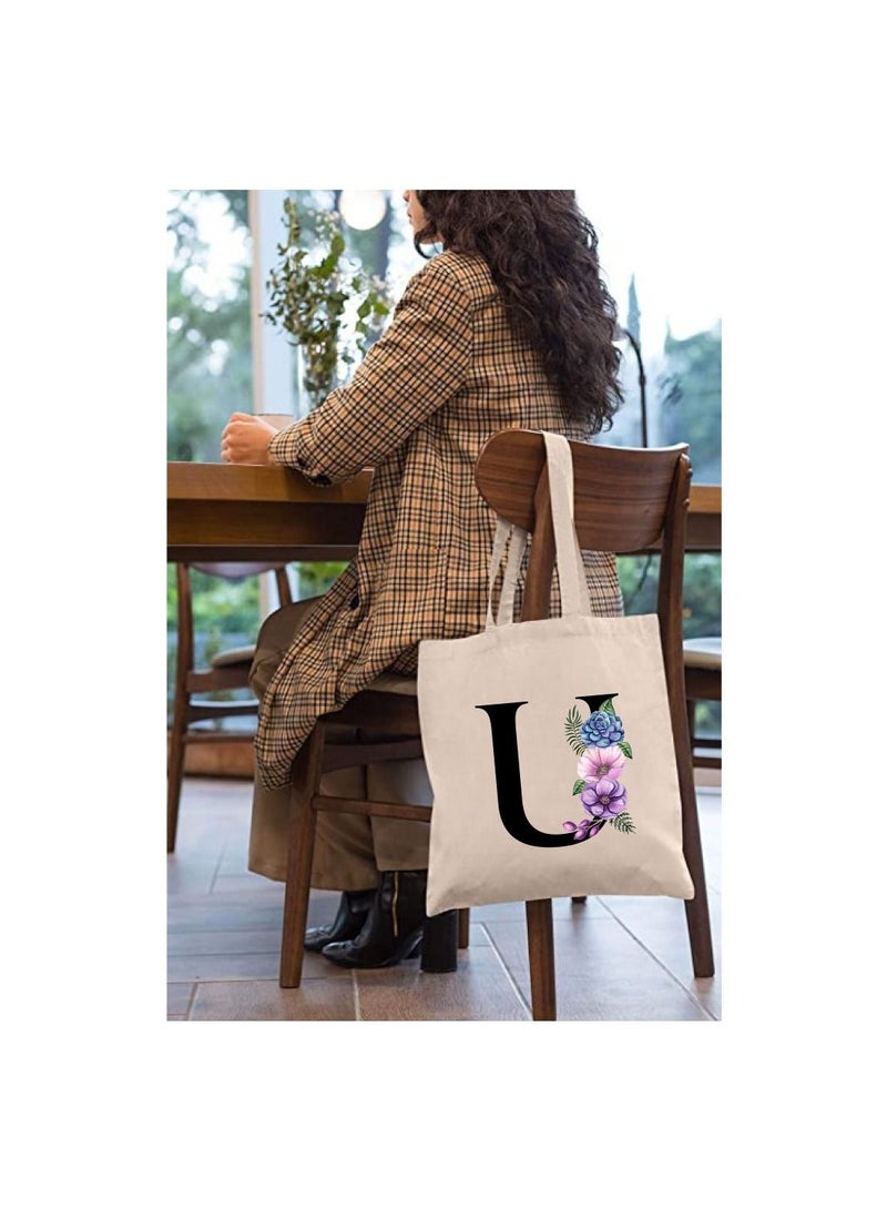 برينت شوب فور مي حقيبة يد قطنية قماشية صديقة للبيئة بتصميم أزهار على حقائب وصيفات العروس مطبوعة بأحرف أولية للنساء - حقيبة تسوق قابلة لإعادة الاستخدام ، فكرة هدية للحفلات وحقيبة هدايا قطنية - Image 3