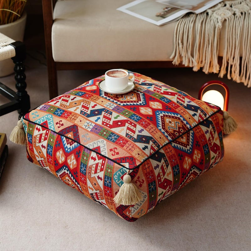 Artbloss Boho Unstuffed Pouf Cover Ottoman Footrest Indian Mexcian Foot Stool Floor Bean Bag Floor Chair Storage for Living Room Bedroom Decor (Boho Red, Square) - Image 1