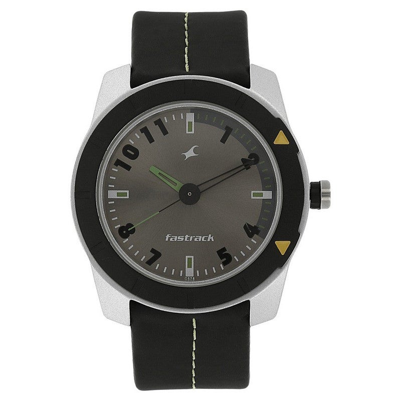 Fastrack Skyline Men Quartz Analog | Edgy Grey Dial with Black Leather Strap | Green Accented Hands & Bold Markers - 3015AL02 - Image 4