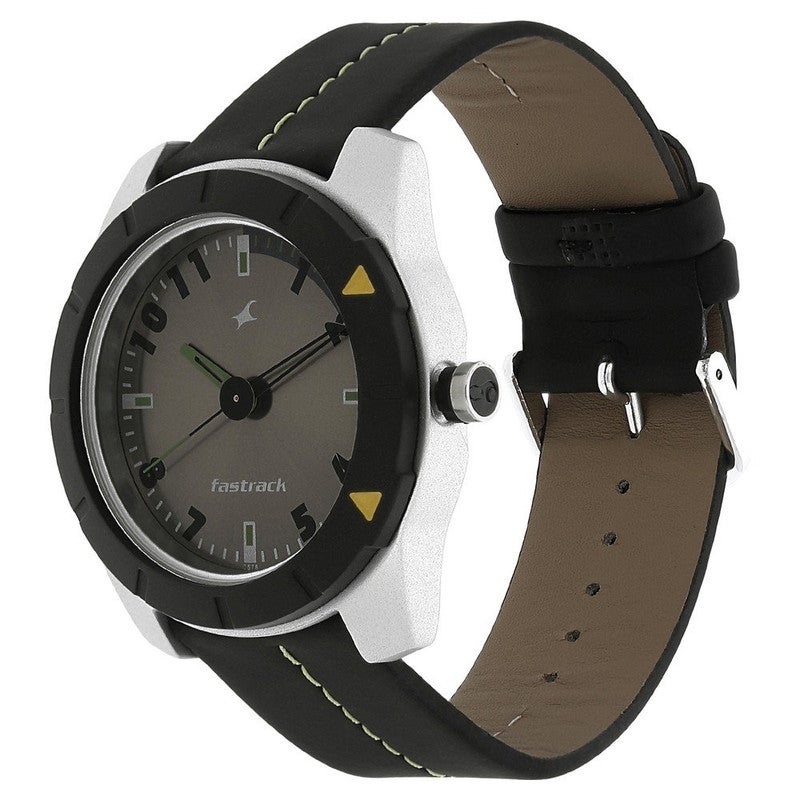 Fastrack Skyline Men Quartz Analog | Edgy Grey Dial with Black Leather Strap | Green Accented Hands & Bold Markers - 3015AL02 - Image 2