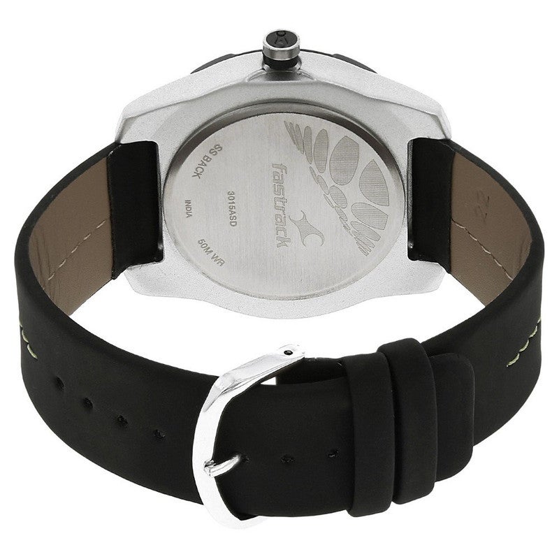 Fastrack Skyline Men Quartz Analog | Edgy Grey Dial with Black Leather Strap | Green Accented Hands & Bold Markers - 3015AL02 - Image 3