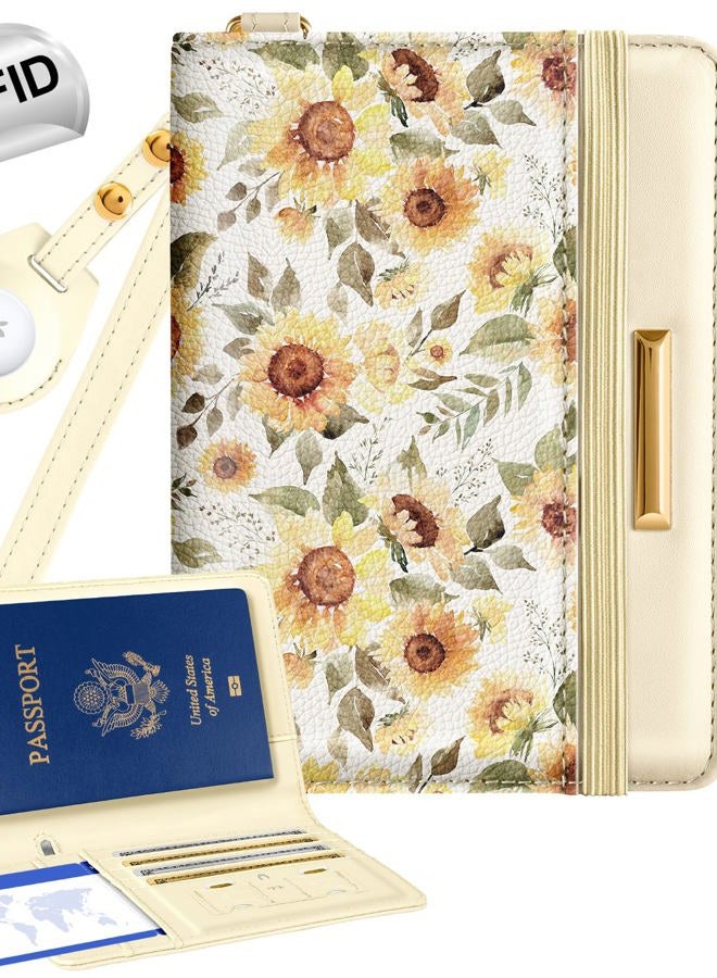 Slohif Passport Holder Cover Wallet Case for Travel Kids - Leather Letter Passport Book Family Multiple Personalized Organizer Card Slots Protector Sleeve Air Tag Handle Strap, Sunflower - Image 1