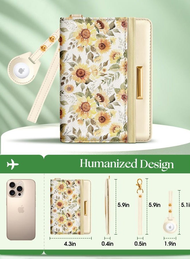 Slohif Passport Holder Cover Wallet Case for Travel Kids - Leather Letter Passport Book Family Multiple Personalized Organizer Card Slots Protector Sleeve Air Tag Handle Strap, Sunflower - Image 2