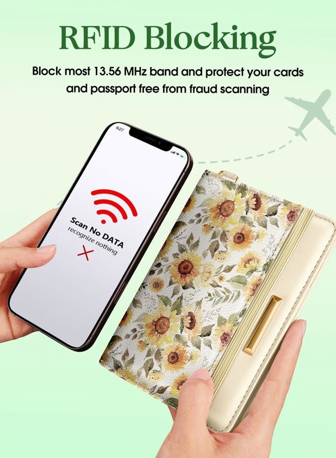 Slohif Passport Holder Cover Wallet Case for Travel Kids - Leather Letter Passport Book Family Multiple Personalized Organizer Card Slots Protector Sleeve Air Tag Handle Strap, Sunflower - Image 5