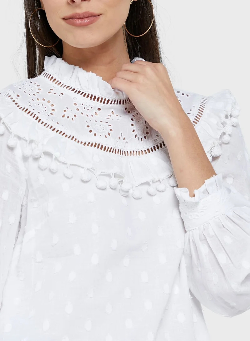 Miss Selfridge Victoriana Pom Pom Trim Detailed Top