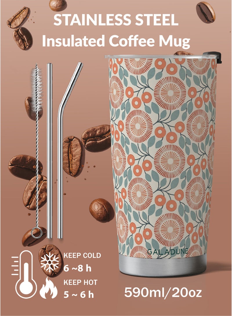 GALADUNE 20OZ Travel Coffee Mug Stainless Steel Double-wall Vacuum Insulated Coffee Cup with Straw and Brush, Polka Dot Daisy Design Tumbler, Suitable for Iced & Hot Drinks, Ideal Gift - Image 4