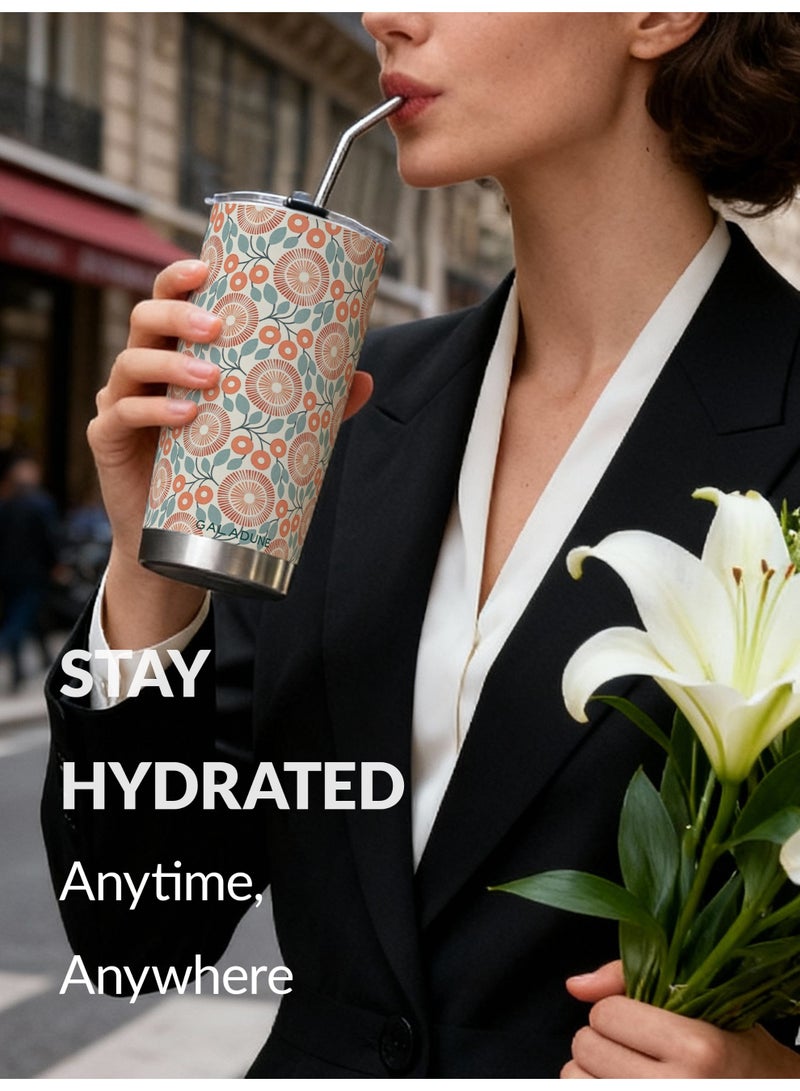 GALADUNE 20OZ Travel Coffee Mug Stainless Steel Double-wall Vacuum Insulated Coffee Cup with Straw and Brush, Polka Dot Daisy Design Tumbler, Suitable for Iced & Hot Drinks, Ideal Gift - Image 2