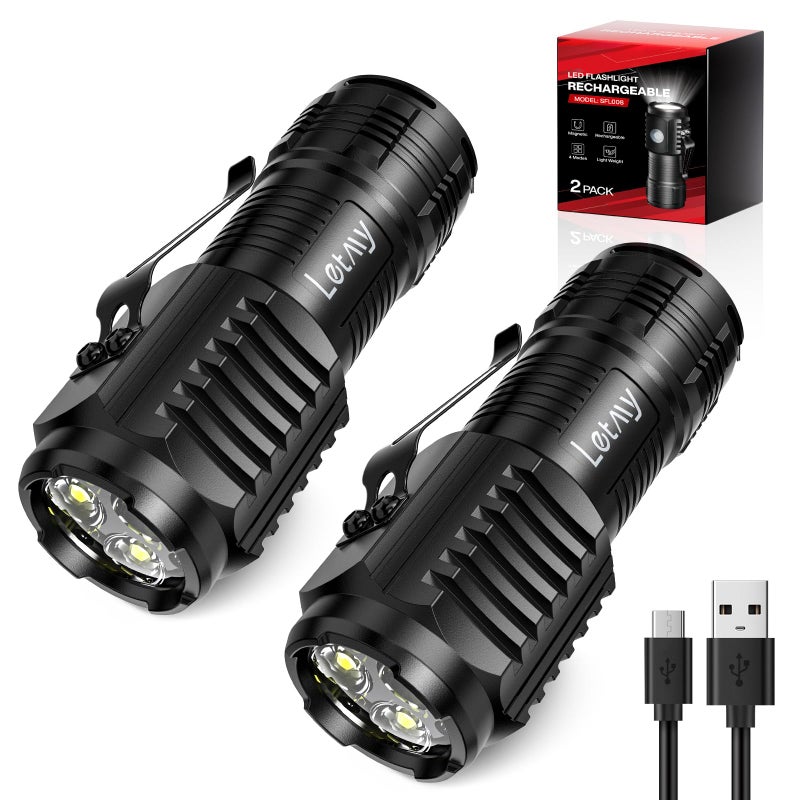 LETMY Rechargeable Mini Flashlights with Magnetic Base 2 Pack Bright 3 LED Flash Lights Small EDC Flashlight with Belt Clip 4 Modes Portable Rechargeable Flashlights for Emergency Camping Home