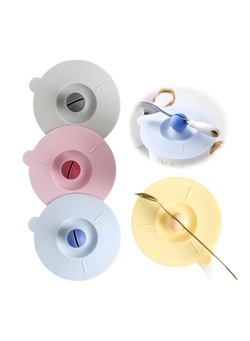Y&D 4 Pieces Silicone Card Slot Cup Lid, Glass Coffee Mugs Mug Dustproof Spill-Proof Sealed, Covers Reusable Heat Resistant Lids with Spoon Holder  - Image 1