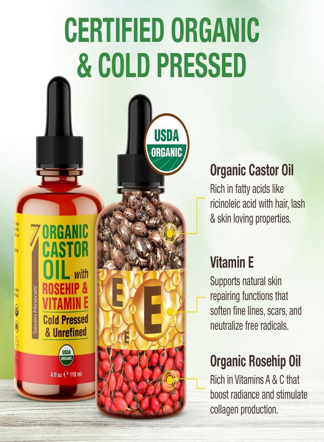 Seven Minerals زيت الخروع العضوي من سبعة معادن مع زيت الورد وفيتامين E لرموش العين والحواجب والوجه ونمو الشعر - زجاجة زجاجية، معصور على البارد وخالي من الهكسان - يرطب ويعزز نمو الشعر الطبيعي - 4 أونصة سائلة - Image 2