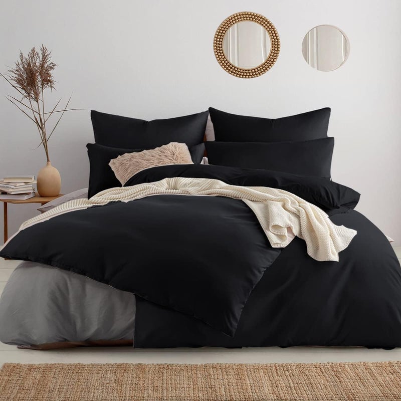 Soifox أغطية سرير أسود 135 × 200 سم 6 قطع - 2 غطاء لحاف 135 × 200 سم + 2 كيس وسادة 80 × 80 سم + 2 كيس وسادة 40 × 80 سم، مايكروفايبر ناعم وغير قابل للكي مع سحاب (6 قطع 135 × 200 سم، أسود) - Image 1