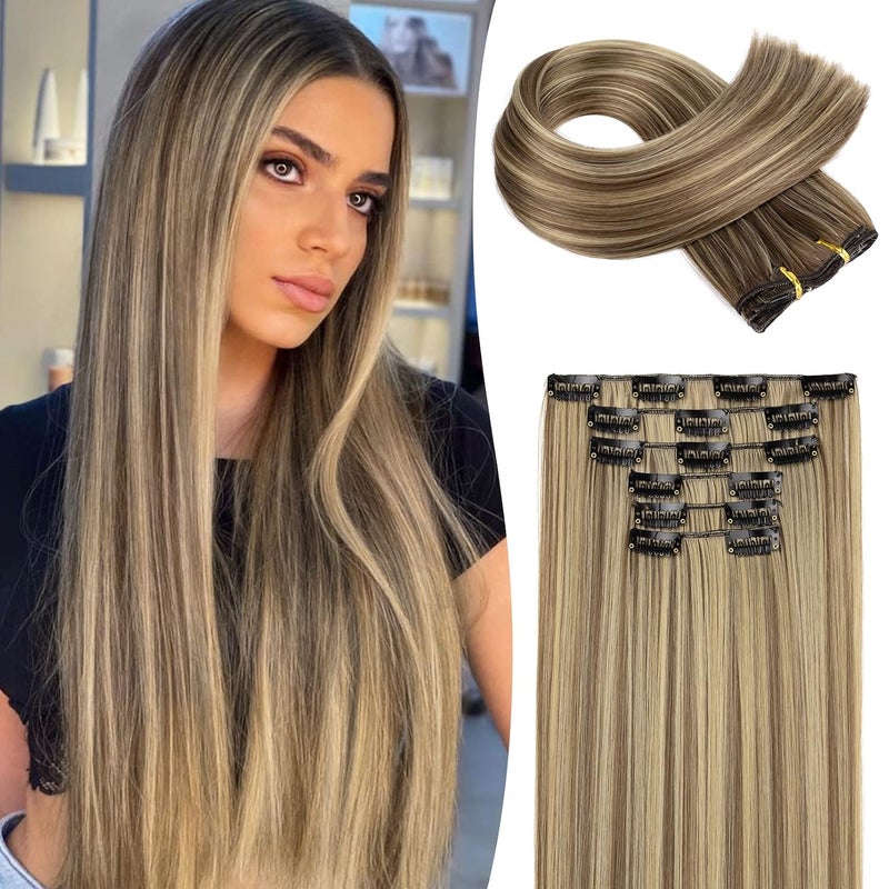 LONAI Clip in hair extensionsLONAI 6PCS Straight 24 Hair Extensions for WomenHeat Resistant Synthetic HairpieceCool Brown with Blonde Highlights