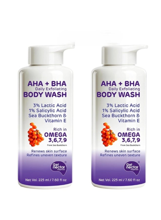 Get Nectar Happiness غسول الجسم "Nectar Happiness" بتركيبة AHA-BHA | يحتوي على 4% من المكونات النشطة (3% حمض اللاكتيك + 1% حمض الساليسيليك) | غني بأوميغا 3 و6 و7 و9 | غسول مقشر للجسم يعالج التصبغات (الاسمرار) وحب الشباب ويمنح بشرة ناعمة ومشرقة | خالٍ من الكبريتات والبارابين | مناسب للرجال والنساء | 225 مل (عبوة من قطعتين) - Image 1