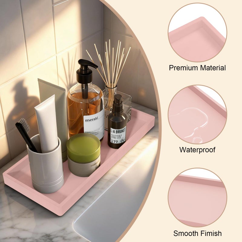 BLESWIN Bathroom Vanity Tray, Silicone 11.8 x 5 Inch Bathroom Counter Tray Decor, Extra-Large Bathroom Trays Holders and Organizers for Toilet Top, Dresser, Waterproof Decorative Tray, Pink - Image 2