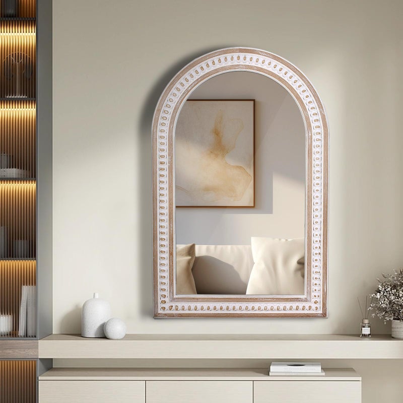 Decointo 36 x 24 Inch Arched Wall Mirror with Beaded Wood Frame, Boho Farmhouse Decorative Arch Mirrors for Bathroom Over Sink, Living Room, Entryway - Image 2