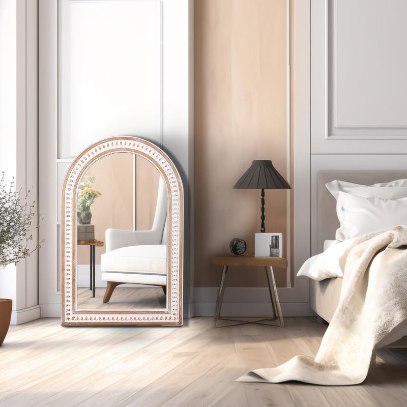 Decointo 36 x 24 Inch Arched Wall Mirror with Beaded Wood Frame, Boho Farmhouse Decorative Arch Mirrors for Bathroom Over Sink, Living Room, Entryway - Image 3