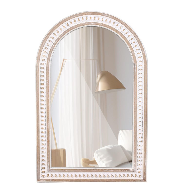 Decointo 36 x 24 Inch Arched Wall Mirror with Beaded Wood Frame, Boho Farmhouse Decorative Arch Mirrors for Bathroom Over Sink, Living Room, Entryway - Image 1