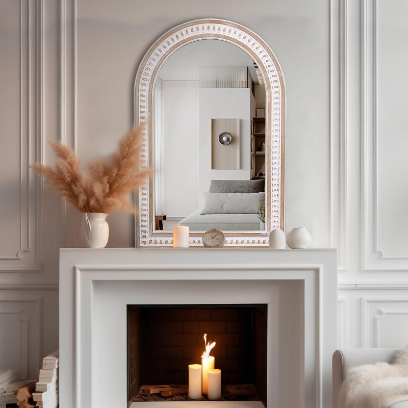 Decointo 36 x 24 Inch Arched Wall Mirror with Beaded Wood Frame, Boho Farmhouse Decorative Arch Mirrors for Bathroom Over Sink, Living Room, Entryway - Image 4