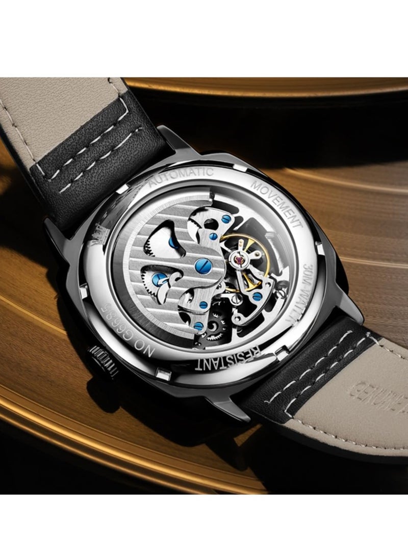 OLEVS Men's Hollow Mechanical Fashion Leather Watch 6685 - Image 4