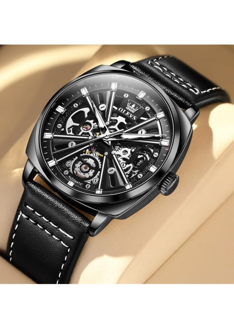 OLEVS Men's Hollow Mechanical Fashion Leather Watch 6685 - Image 5