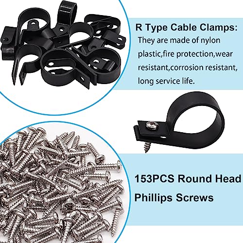 TWTADE 306PCS Black Cable Clamps Nylon Plastic R-Type 6 Sizes 3/16'' 1/4'' 3/8'' 1/2'' 3/4'' 1'' Cable Mounting Wire Clips Assortment Kit with Screws for Wire Management H-049 - Image 4