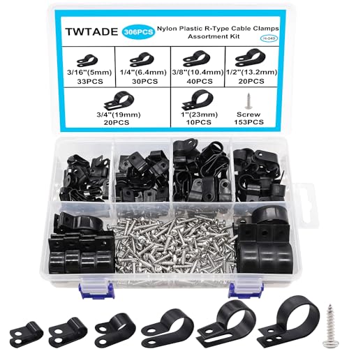 TWTADE 306PCS Black Cable Clamps Nylon Plastic R-Type 6 Sizes 3/16'' 1/4'' 3/8'' 1/2'' 3/4'' 1'' Cable Mounting Wire Clips Assortment Kit with Screws for Wire Management H-049 - Image 1