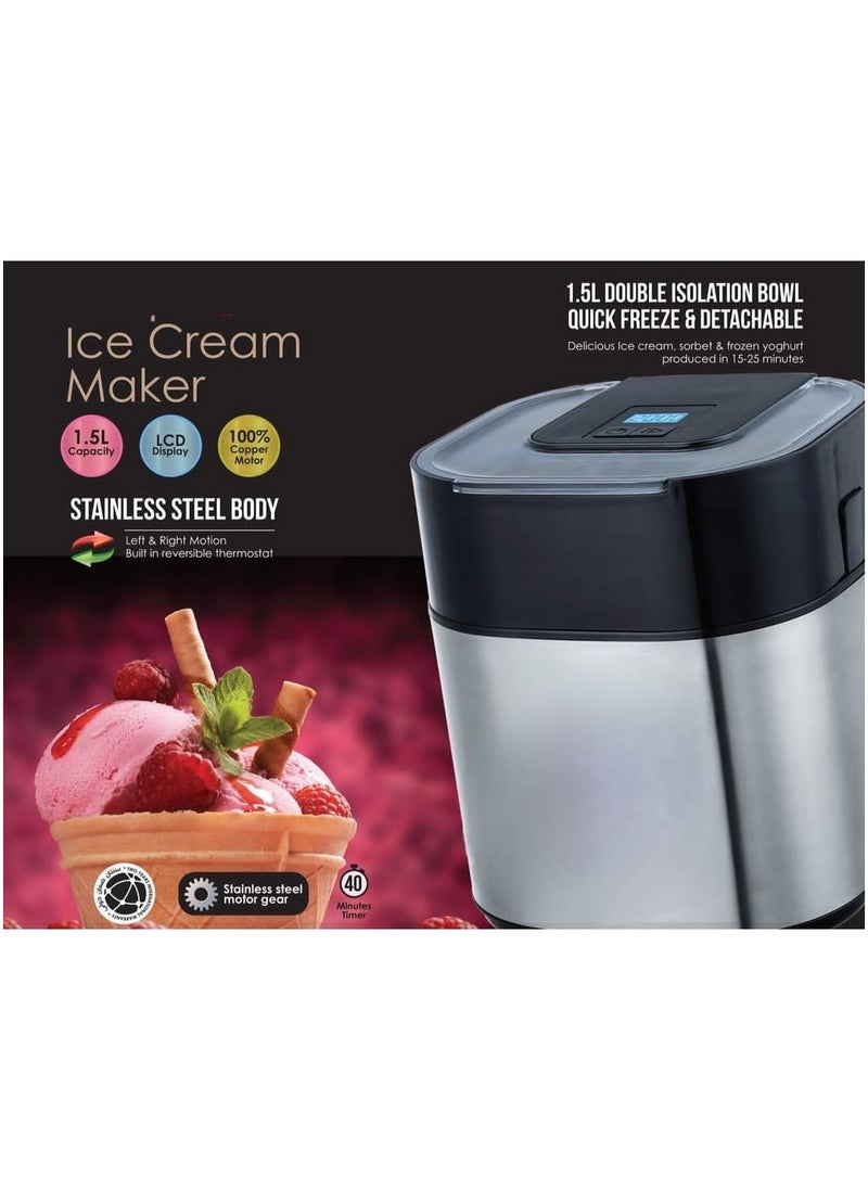Generic - Electric Ice Cream Maker 1.5L Double Isolation Bowl with LCD Display and Timer Function, Ready in 25 Min, Portable Ice Cream Machine for Home, Ideal for Making Sorbet, Frozen Yogurt & Dessert - Image 1
