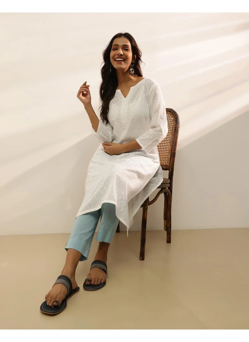 Fabindia White Cotton Chikankari Long Kurta