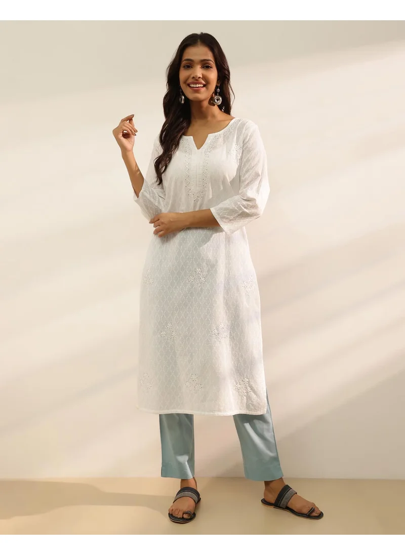 Fabindia White Cotton Chikankari Long Kurta