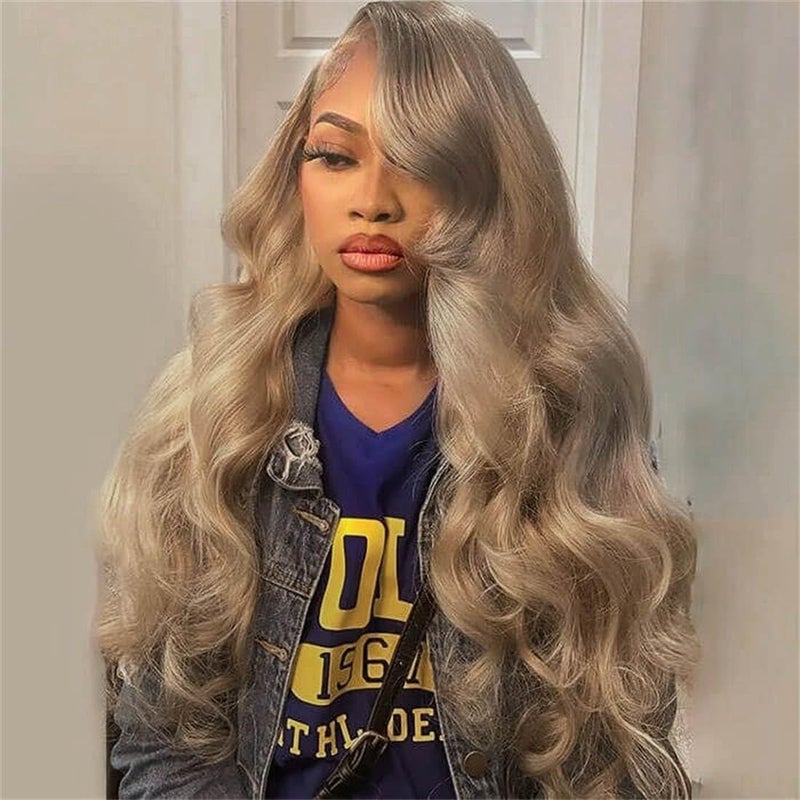 Rina 200 Density Milk Tea Ash Blonde Lace Front Wig Human Hair Upgrades Body Wave Platinum Grey Balayage Lace Front Wig More Full and Thicker 13x4 HD Invisible Frontal Wig for Women 28 Inch