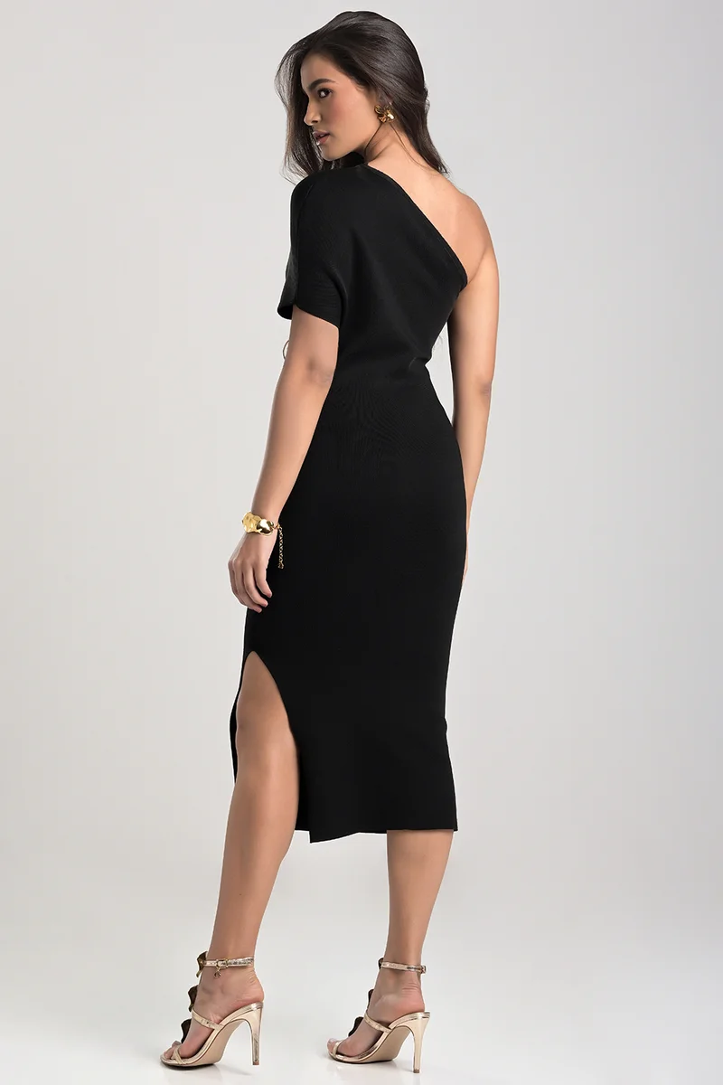 Black One-Shoulder Bandage Knit Dress