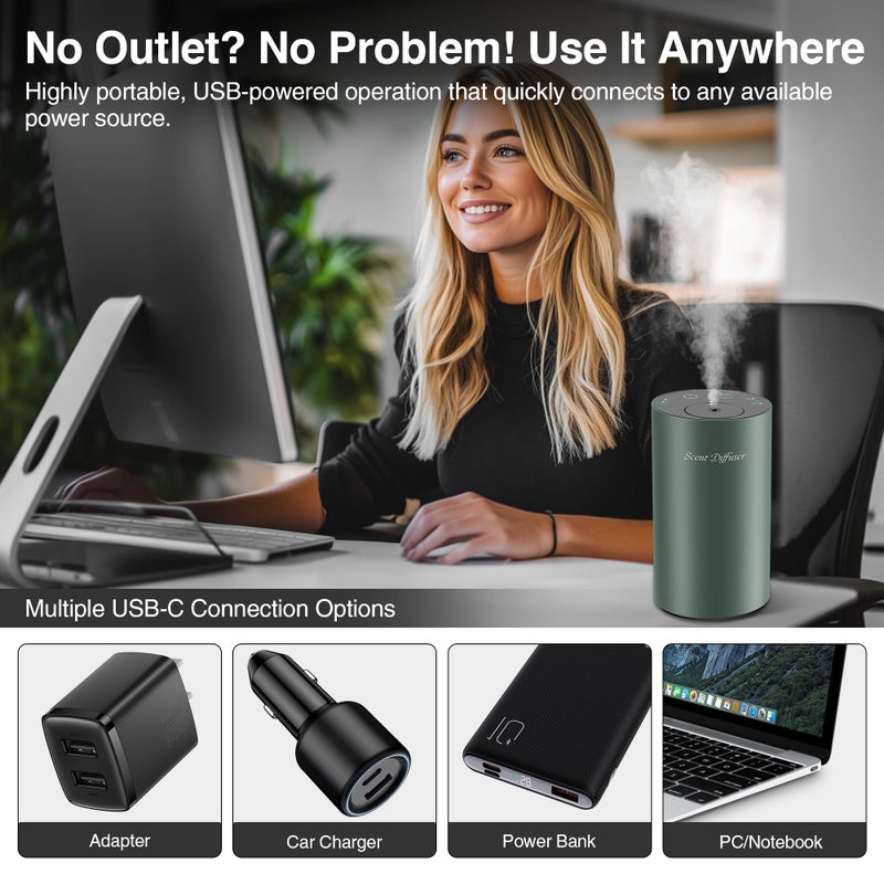 EvCZen Waterless Essential Oil Diffuser Starter Kit - No Water Needed, Battery Operated Mini Scent Air Machine, Included 3x20ML Essential Oils, Portable Aromatherapy Diffuser for Home & Car & Office, Green - Image 5