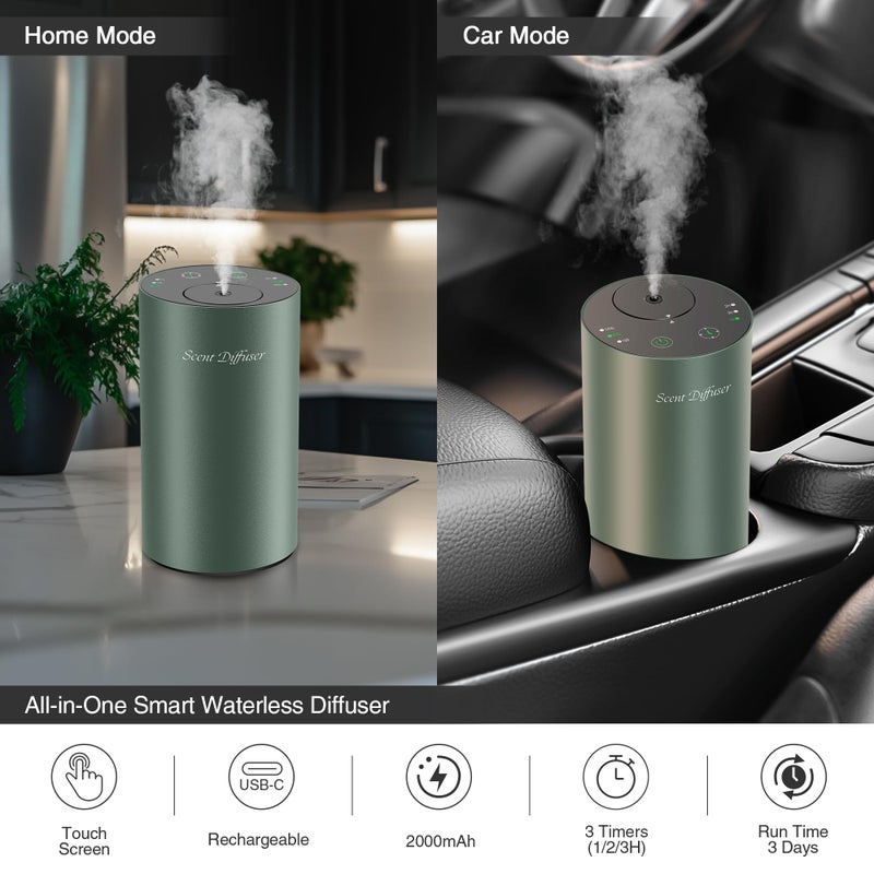 EvCZen Waterless Essential Oil Diffuser Starter Kit - No Water Needed, Battery Operated Mini Scent Air Machine, Included 3x20ML Essential Oils, Portable Aromatherapy Diffuser for Home & Car & Office, Green - Image 4