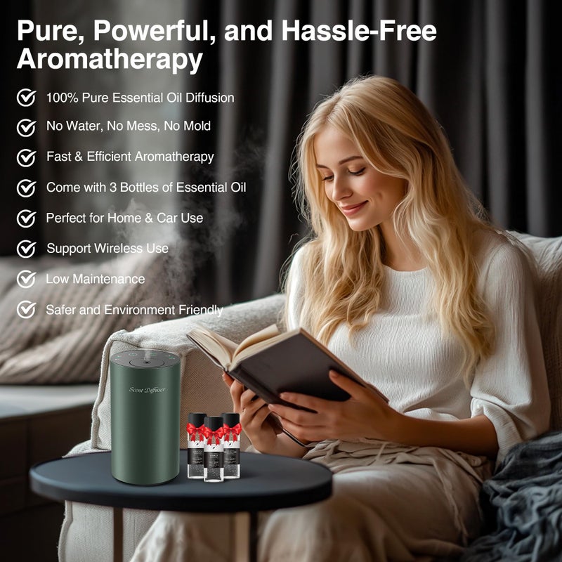 EvCZen Waterless Essential Oil Diffuser Starter Kit - No Water Needed, Battery Operated Mini Scent Air Machine, Included 3x20ML Essential Oils, Portable Aromatherapy Diffuser for Home & Car & Office, Green - Image 2