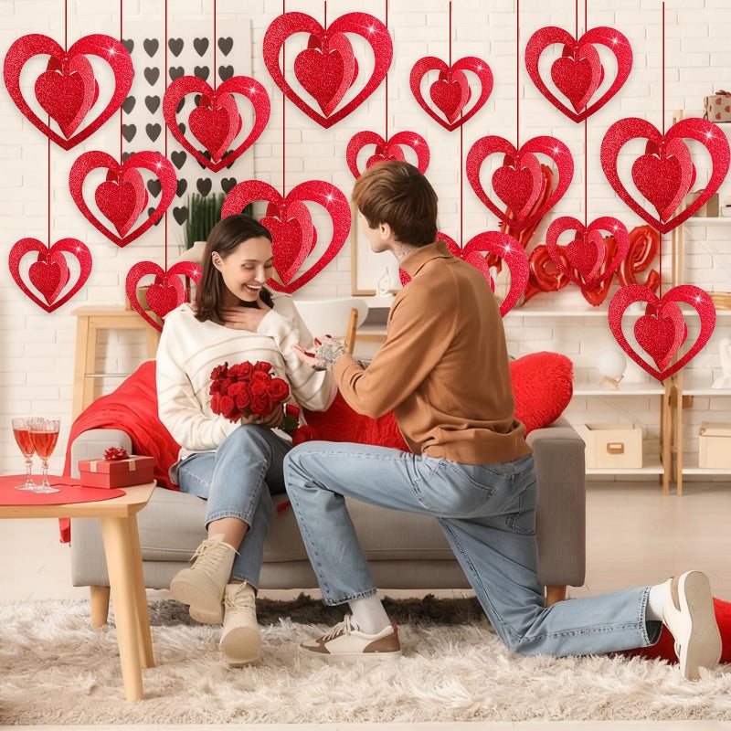 Pedel 15 Pieces Valentines Day Heart Swirl, 3D Red Glitter Heart Hanging Swirls with Red Ribbon for Galentines Wedding Anniversary Engagement Party Decoration - Image 3