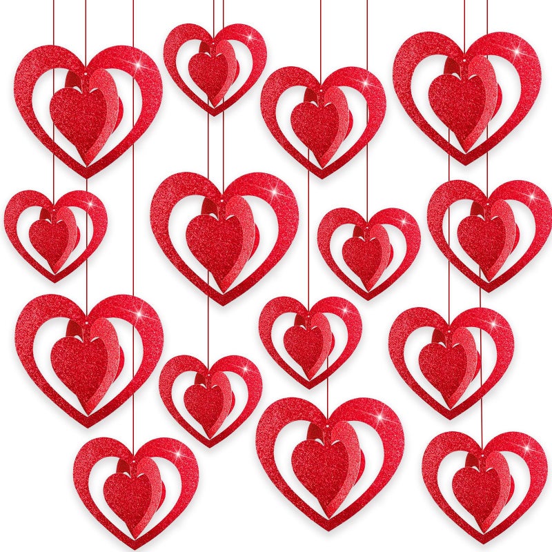 Pedel 15 Pieces Valentines Day Heart Swirl, 3D Red Glitter Heart Hanging Swirls with Red Ribbon for Galentines Wedding Anniversary Engagement Party Decoration - Image 1