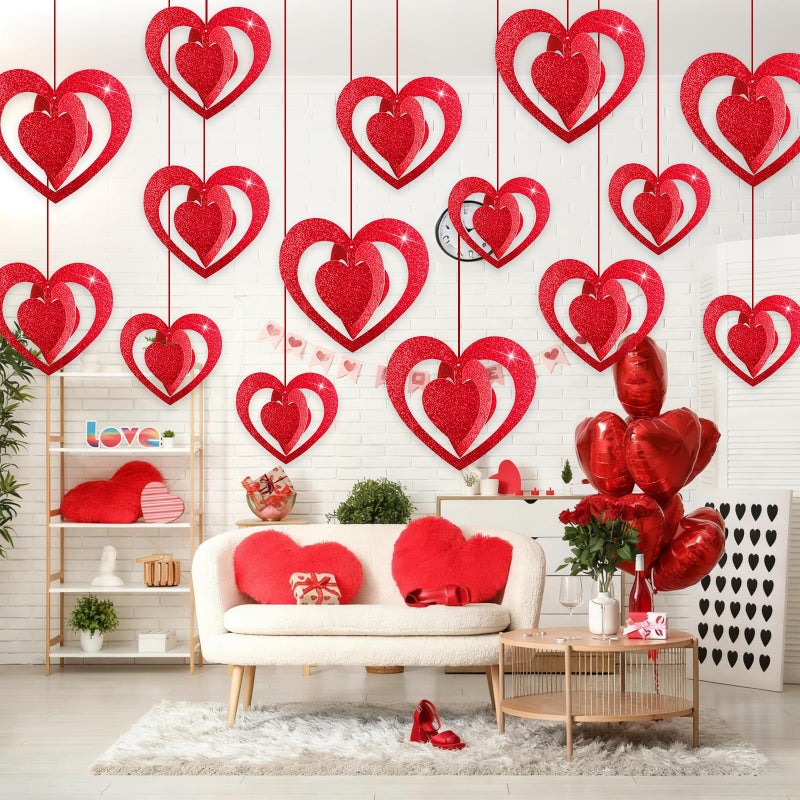 Pedel 15 Pieces Valentines Day Heart Swirl, 3D Red Glitter Heart Hanging Swirls with Red Ribbon for Galentines Wedding Anniversary Engagement Party Decoration - Image 2