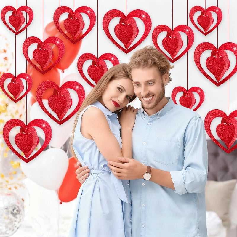 Pedel 15 Pieces Valentines Day Heart Swirl, 3D Red Glitter Heart Hanging Swirls with Red Ribbon for Galentines Wedding Anniversary Engagement Party Decoration - Image 4