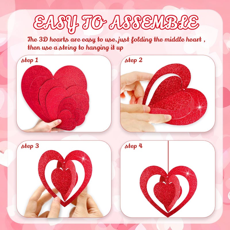 Pedel 15 Pieces Valentines Day Heart Swirl, 3D Red Glitter Heart Hanging Swirls with Red Ribbon for Galentines Wedding Anniversary Engagement Party Decoration - Image 5