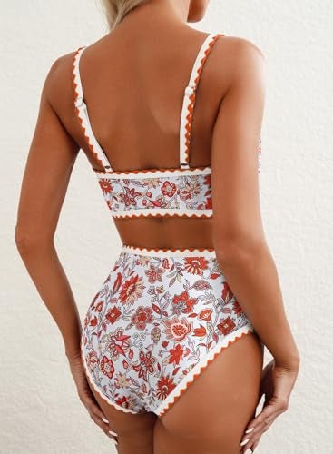 Herseas Women's Bikini Sets Floral Print Color Block Swim Suits High Waisted Scoop Neck Wireless Bathing Suits Orange Travel Outfits Medium - Image 2